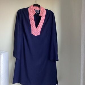 STS Sail to Sable Tunic Dress Womens  Medium Navy Pink Embroidered Collar Shift